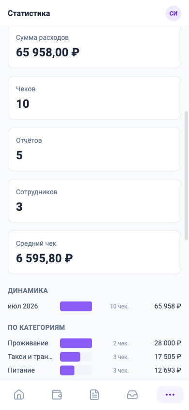Статистика расходов на телефоне: сумма, число чеков и отчётов, разбивка по категориям