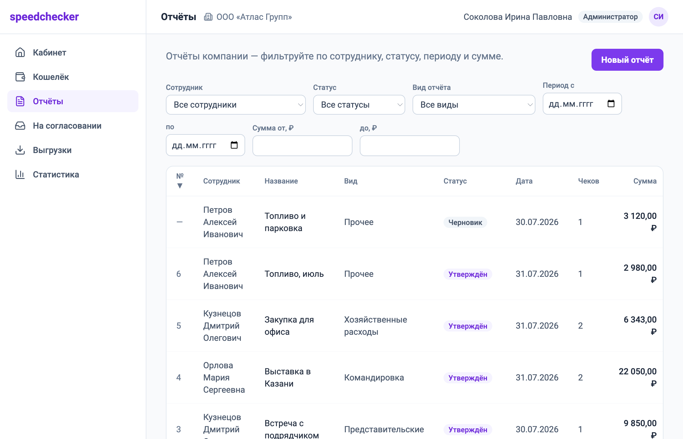 Список авансовых отчётов компании в speedchecker: сотрудник, вид отчёта, статус и сумма